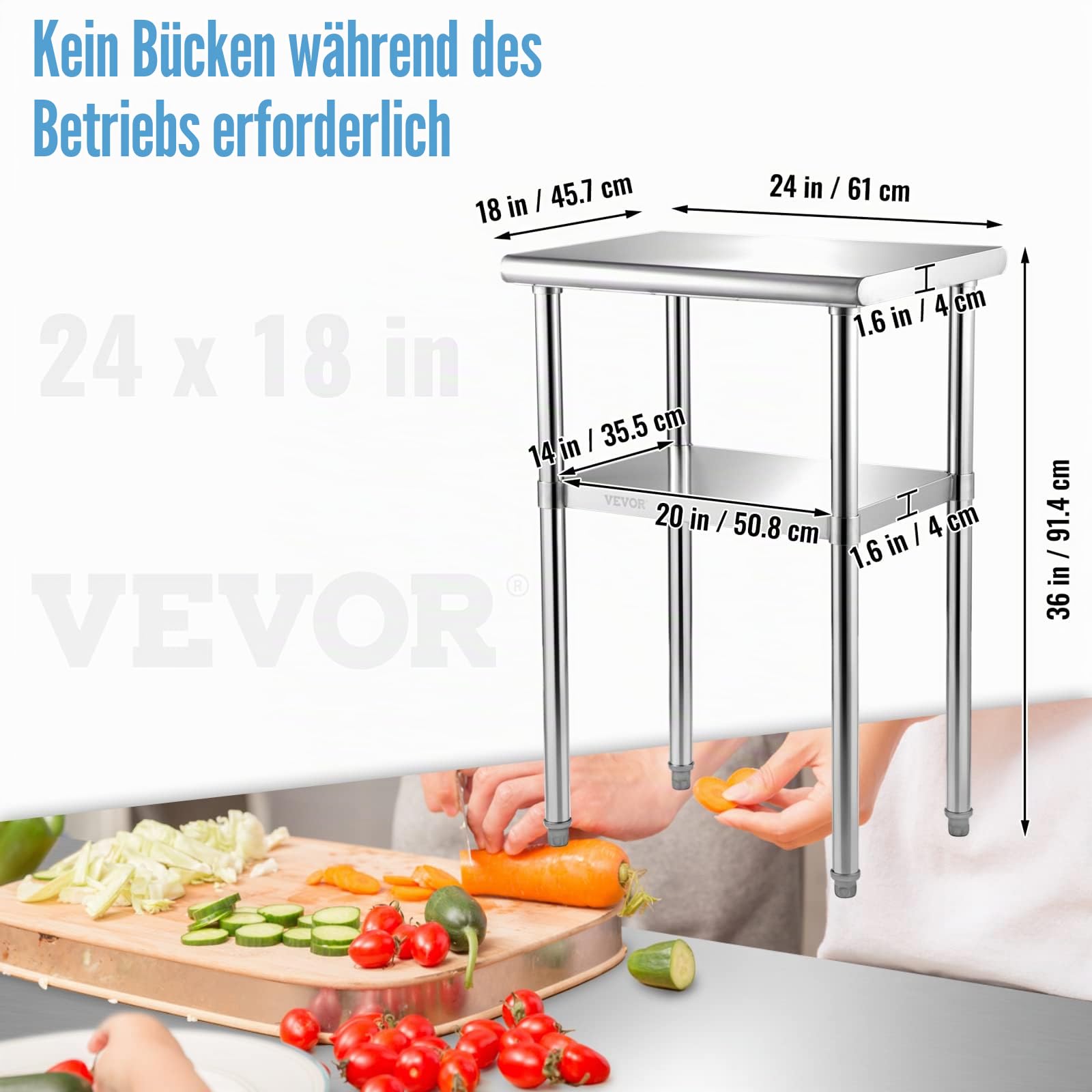 VEVOR Kommerzieller Edelstahltisch 61 x 45,7 x 91,4 cm, Edelstahl Zweilagiger Arbeitstisch Zerlegetisch Gastro 181,4 kg + 91 kg Tragfähigkeit, Gewerbe Küchentisch, Zubereitungstisch Küchenmöbel