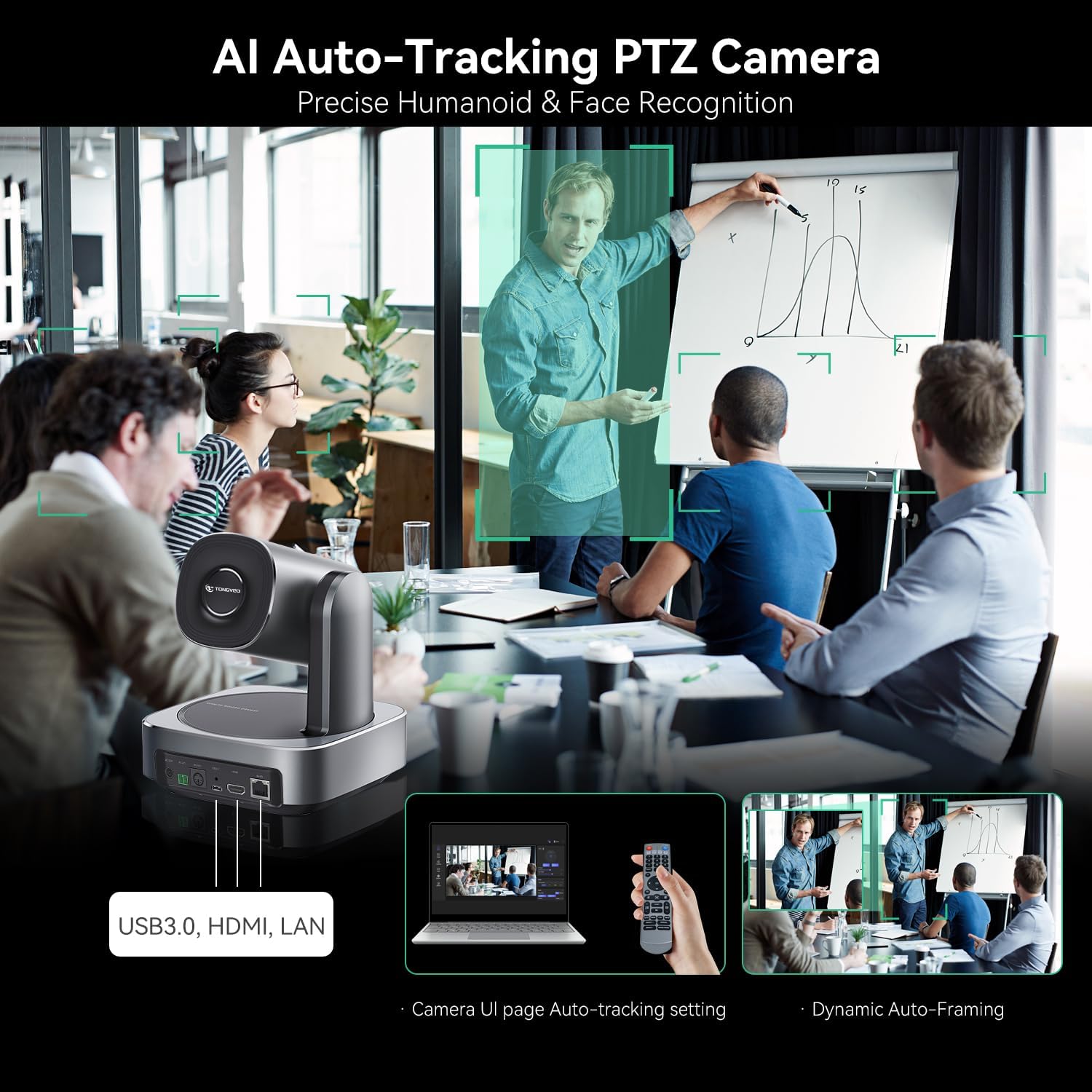 AI Auto-Tracking PTZ Camera 20x Optical Zoom HDMI USB IP Live Streaming Camera 1080P 60fps Video Conferencing System POE Supply for Church Services Worship Education Work with Zoom Team vMix OBS