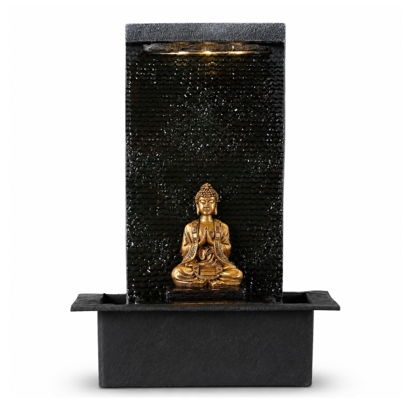 Mur d’Eau Zenitude - Fontaine d’intérieur avec Spot LED Jaune - Grande Fontaine de Table avec Statue Bouddha Amovible - Ambiance Zen pour salon, bureau, chambre - Cadeau Original - H: 40cm - Zen’Light