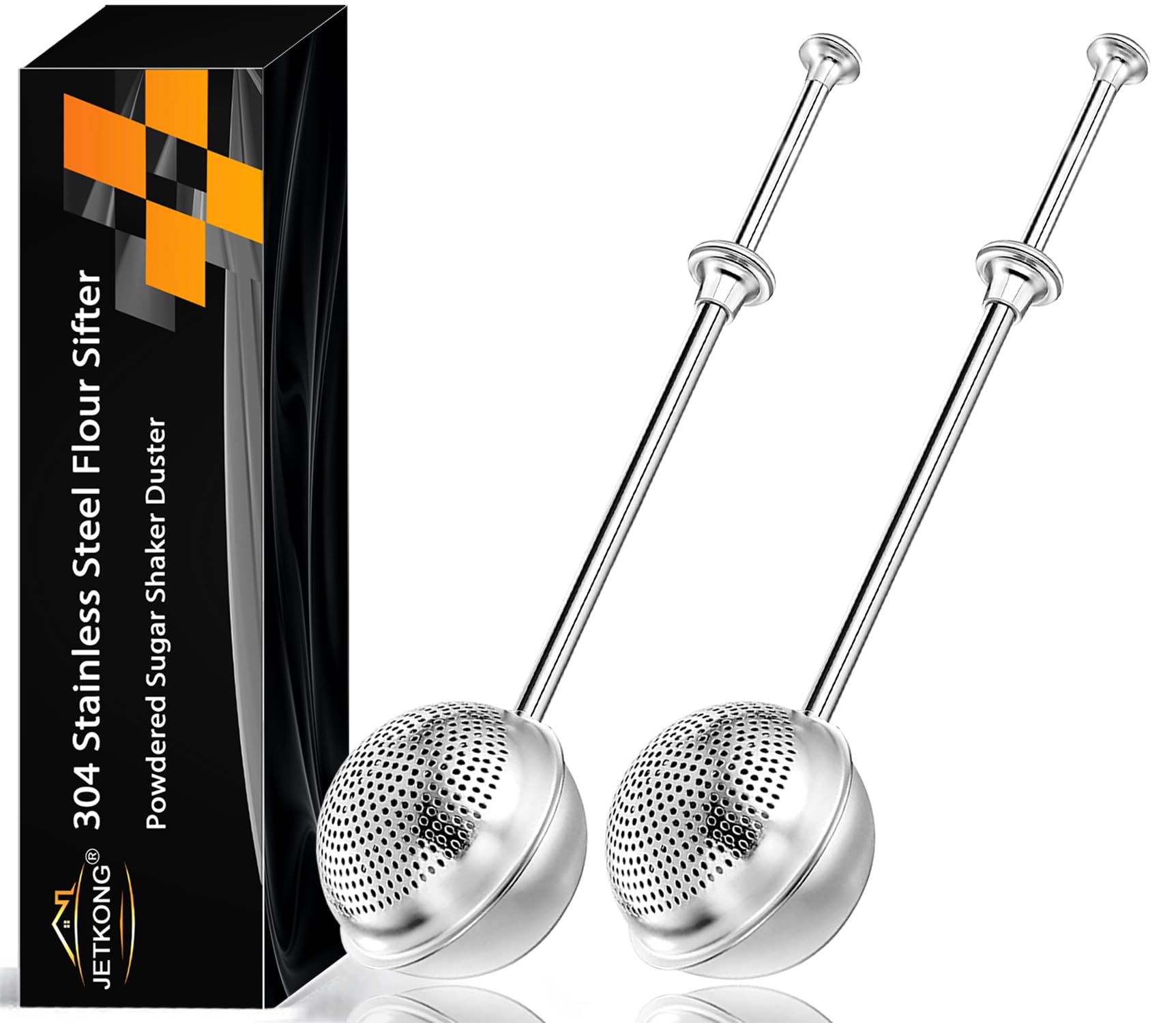 JETKONG Large Flour Sifter, Baking Sifters with 18/8 Stainless Steel Dusting Wand for Sugar, Flour and Spices, Set of 2 (Large, Silver)