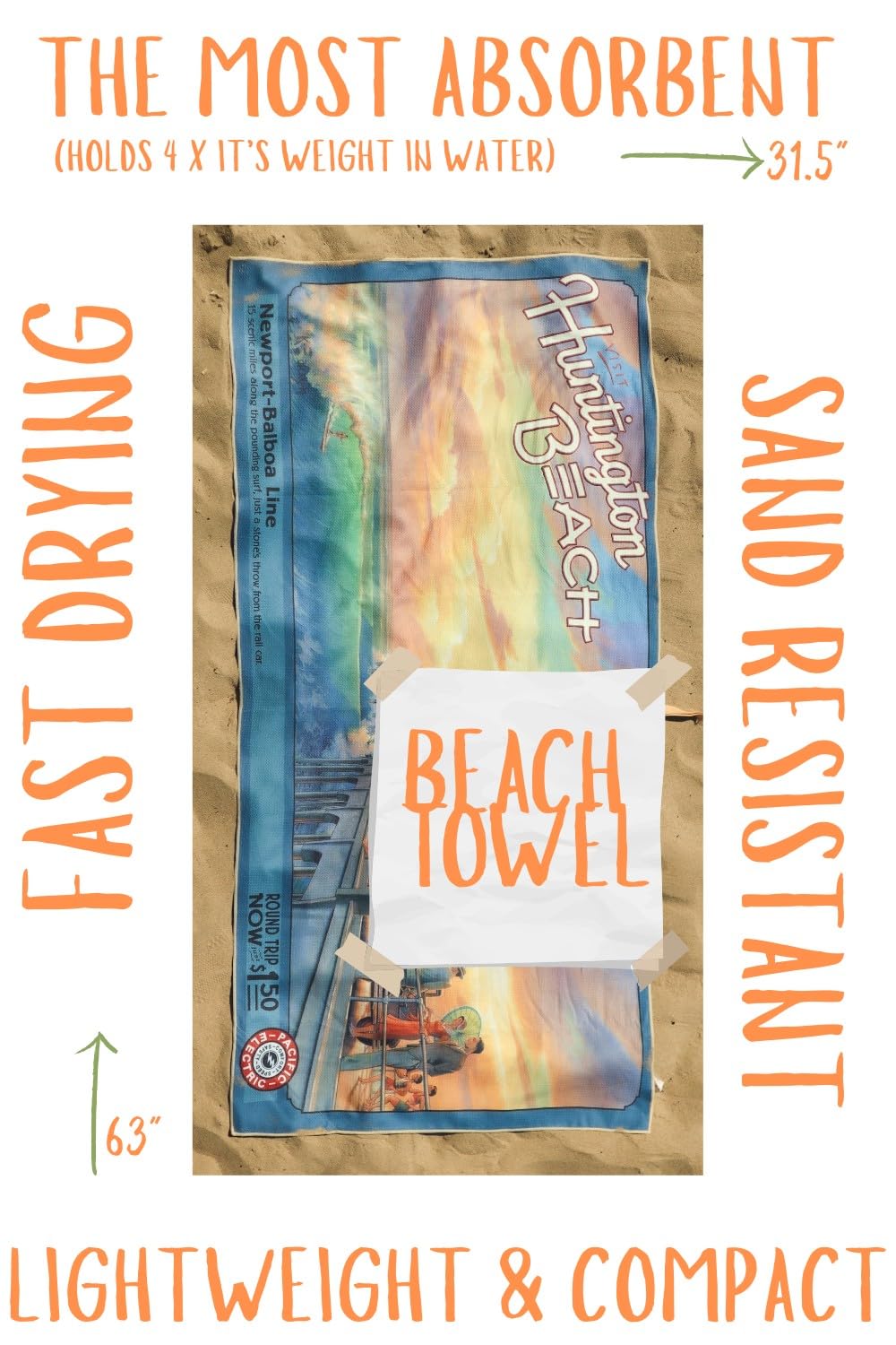 Monsoon Bay Huntington Beach Towel/Ultra Absorbent/Fast Drying/Sand Resistant with Retro California Artwork/Hidden Pocket for Valuables