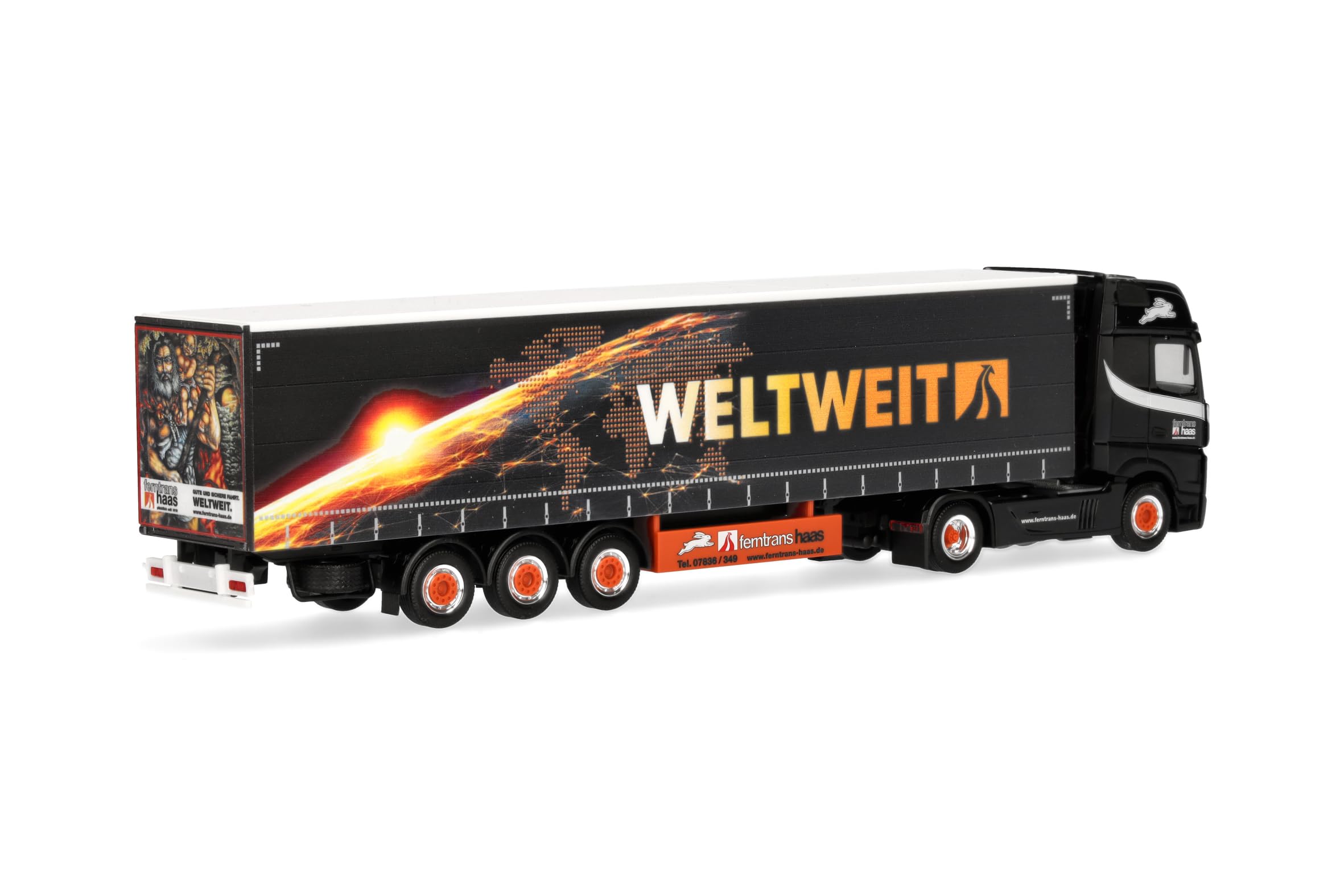 Herpa modèle réduit Camion Mercedes-Benz Actros L 18 Gigaspace Semi-remorque bâchée « Ferntrans Haas/weltweit », Miniature à l’échelle 1:87, pièce de Collection, Made in Germany, Plastique - 2