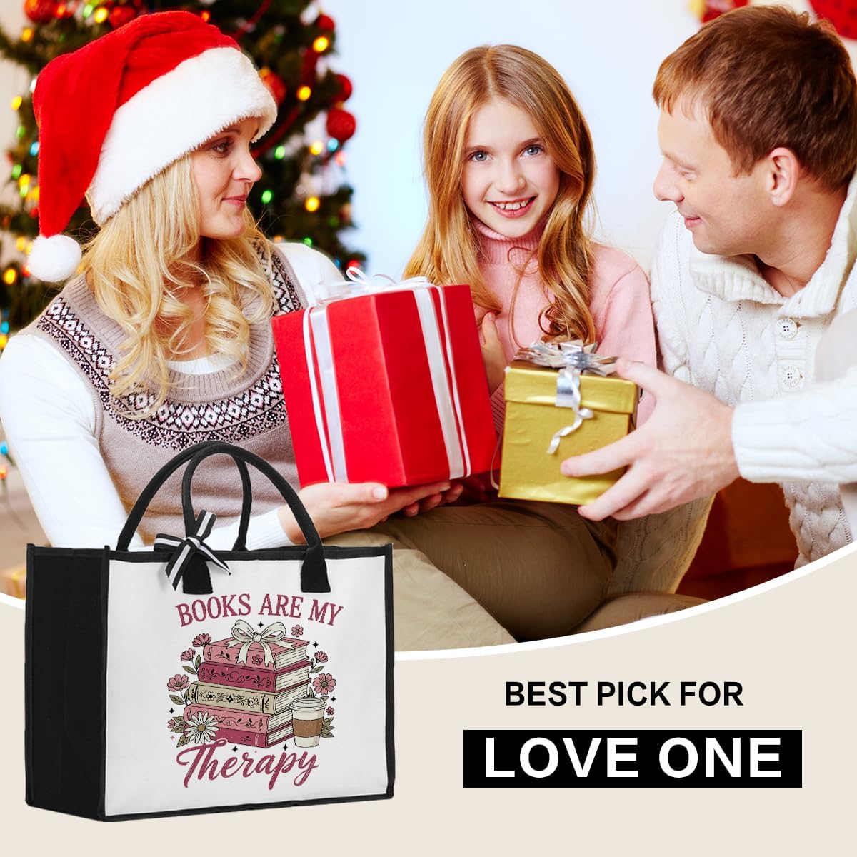 Bookish Gifts for Book Lovers Pink Daisy Book Tote Bag Christmas Woman's Birthday Gift for Women Librarian Readers -Books Are My Therapy - Image 5