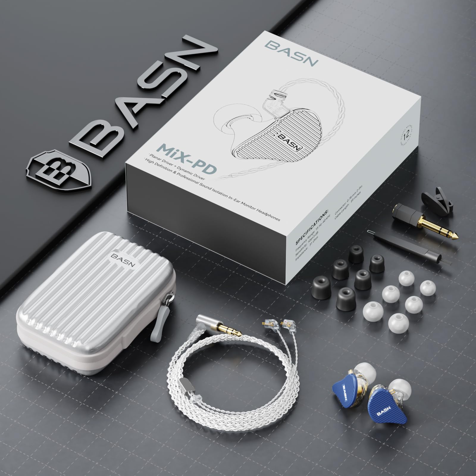 BASN Mix-PD In-Ear-Monitor, 1 Planar-Treiber + 1 dynamischer Treiber, HiFi-IEM-Kopfhörer mit CNC-gefertigter Metallabdeckung, verkabelt, 0,78 mm, 2-poliges, versilbertes, abnehmbares Kabel für
