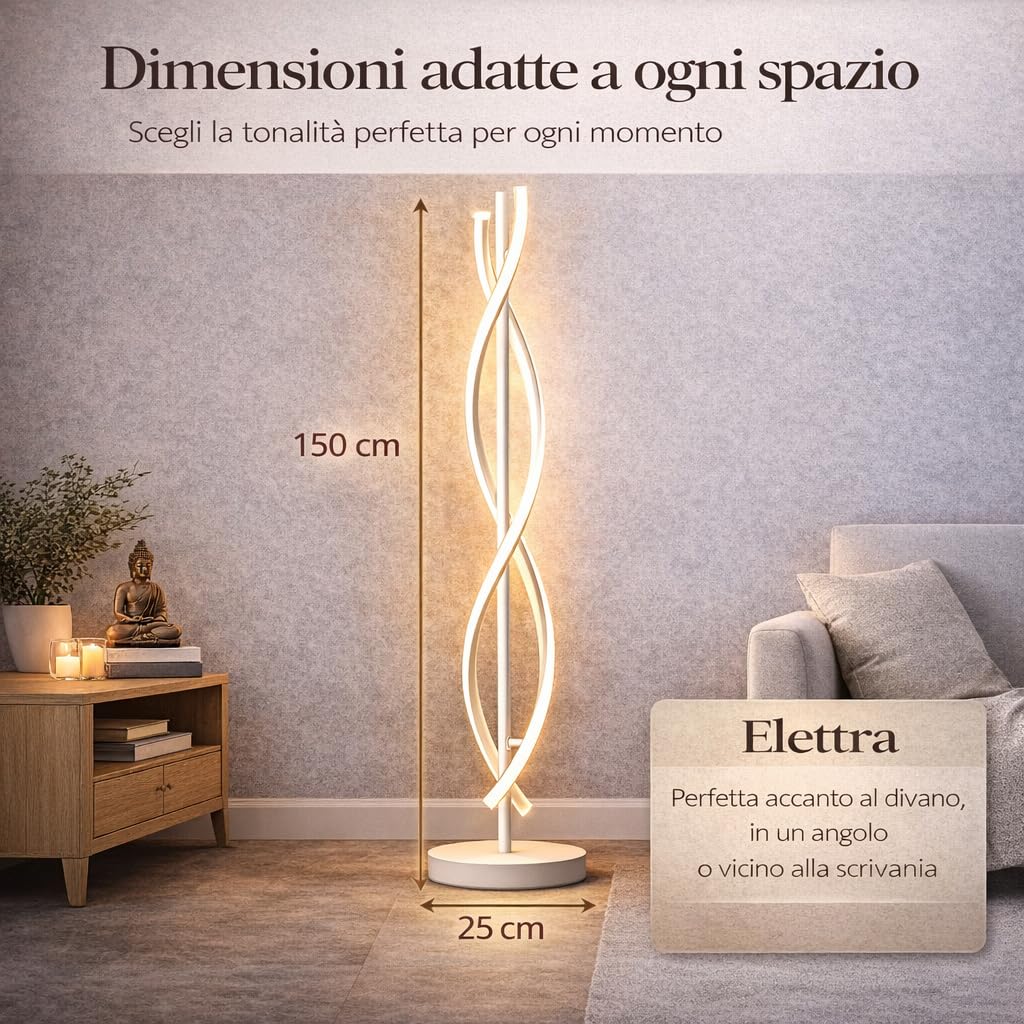 Arcadia Lampada da Terra LED Moderna Forma di Spirale | Piantana Design Contemporaneo | Luce Calda/Fredda | Lampada Salotto Camera da Letto Studio, Arredo Interni Elegante 150 cm (Bianco)