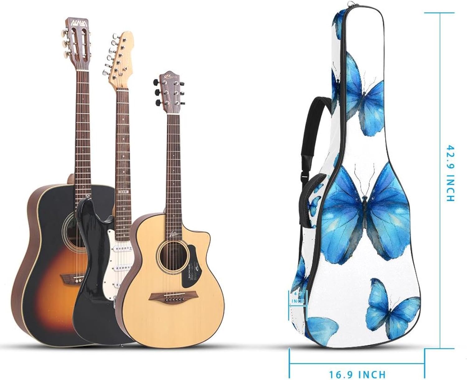 Watercolor Blue Flying Butterflies Acoustic Guitar Gig Bag, 1 cm Thick Padding Waterproof Guitar Bag Backpack for 40 41 42 Inch Electric Bass Classical Guitars