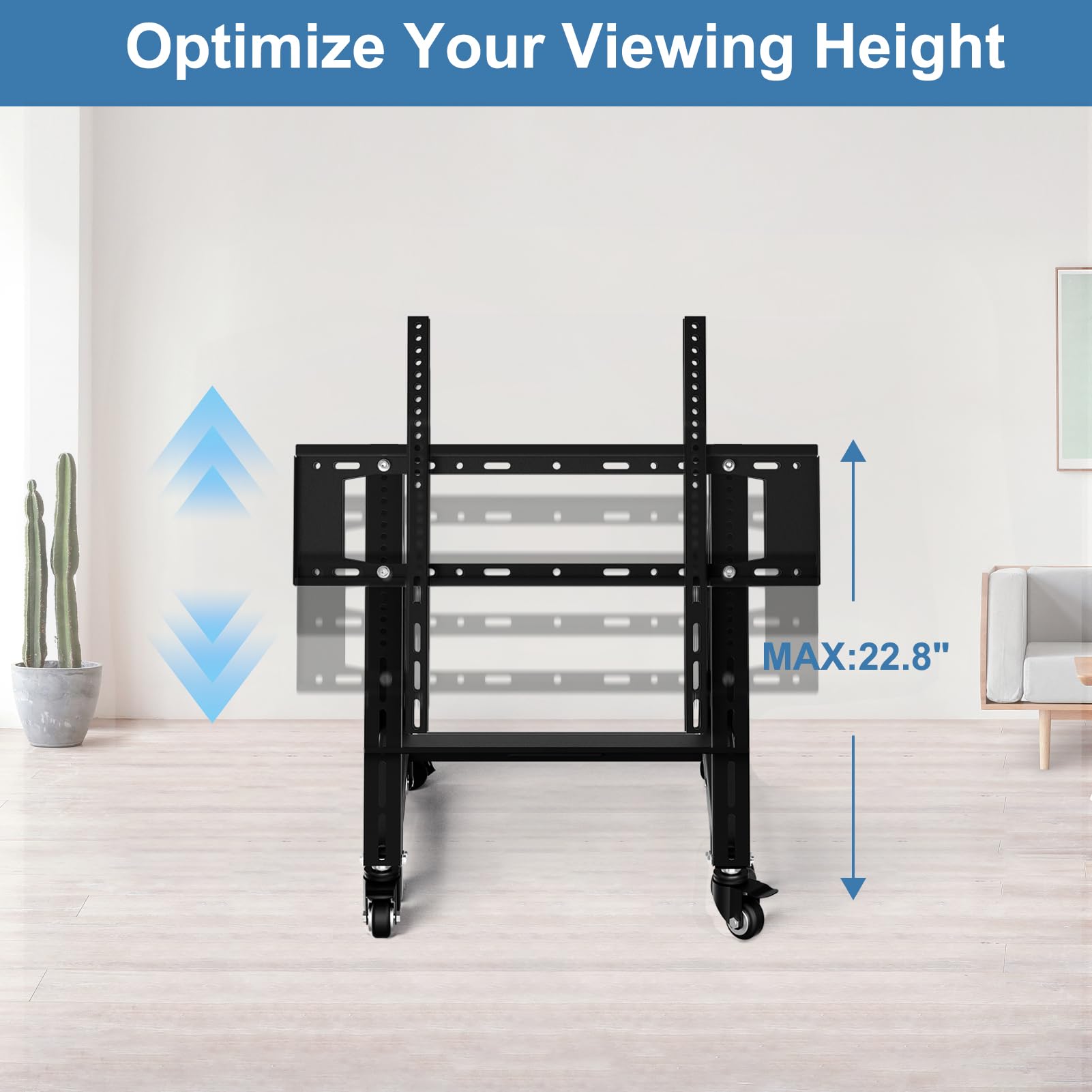 Support TV mobile à faible hauteur, support TV bas avec roulettes pour TV de 26 à 65 pouces, hauteur réglable, angle de vision réglable de 36° à 68°, max 50 kg, VESA 600×500, support moniteur