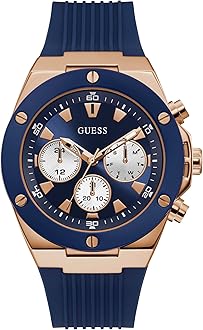 GUESSUS Men's Blue and Rose-Gold Silicone Watch, one
