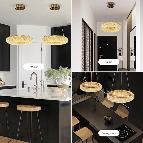 Miniatura 8 de KAIYUAN Lámpara colgante de cristal dorado de 3 luces, moderna lámpara colgante de techo dorada para cocina, isla, comedor, sala de estar, pasillo,