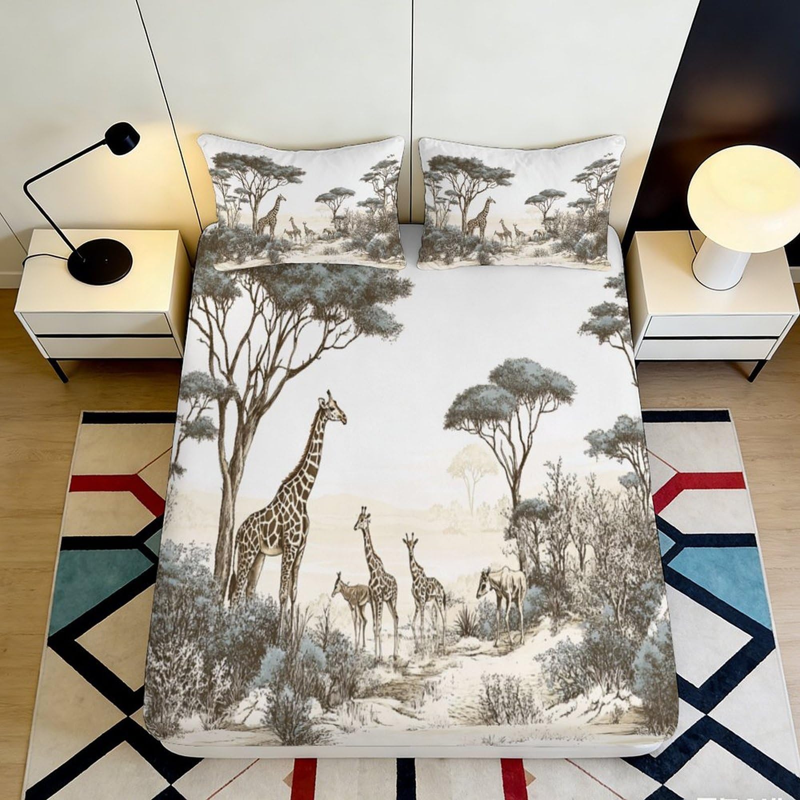 3D Printed Safari Giraffe Scene Fitted Sheet Microfiber Soft Bed Cover Forest Wildlife Mattress Protector Bedroom Decor 90x200x25cm