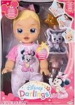Disney Darlings Baby Dolls Deluxe Minnie Feature Doll Blonde Hair Blue Eyes, Wonderfully Happy Heart Glow Baby Doll with Baby Bottle and Birth Certificate | Licensed by Jakks Pacific, Interactive Features, Includes Accessories, Gift for Girls Ages 3+
