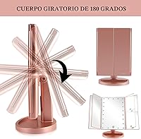 Vista 5 de Espejo de tocador iluminado plegable en tríptico con aumento 3x/2x, 21 luces LED y pantalla táctil, espejo cosmético de encimera con rotación libre