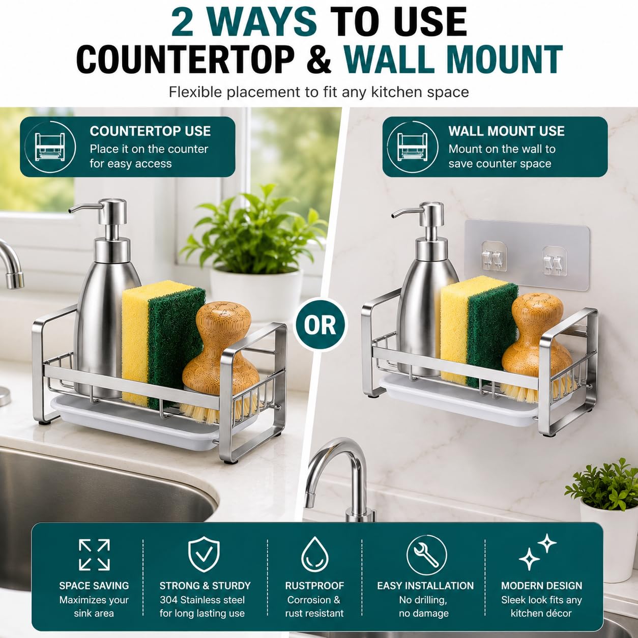 Zollyss Stainless Steel Kitchen Sink Caddy Organizer with Drain Tray | Countertop & Wall Mount Soap Sponge Holder | Rustproof Sink Organizer for Dish Brush, Soap Dispenser & Scrubber, Silver 3