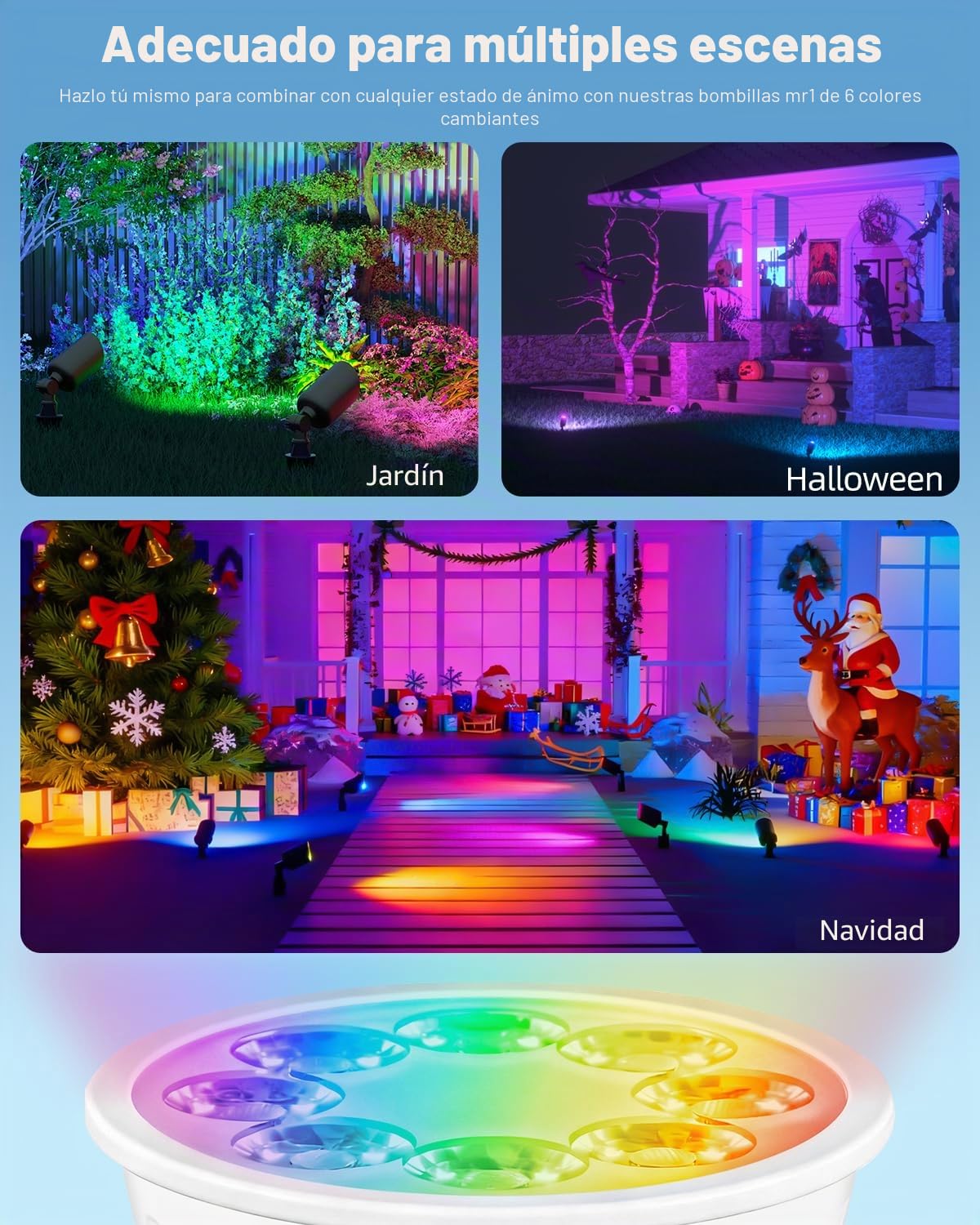 Bombillas LED MR16 con cambio de color, 12 multicolores 5W 12V, RGB+CCT Blanco cálido para luz diurna fría, RGB MR16 con mando a distancia, equivalente a 35 vatios, paquete de 6