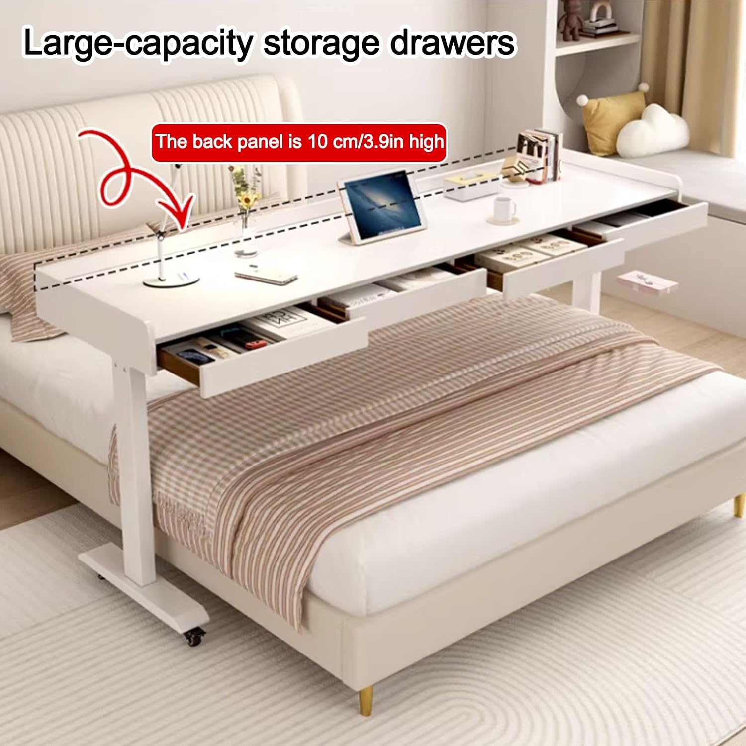 Electric Over The Bed Table with Drawer, Overbed Table with Wheels Adjustable Height, Queen Size Mobile Over Bed Desk, Standing Workstation Laptop Cart(White,210cm/82.6'')
