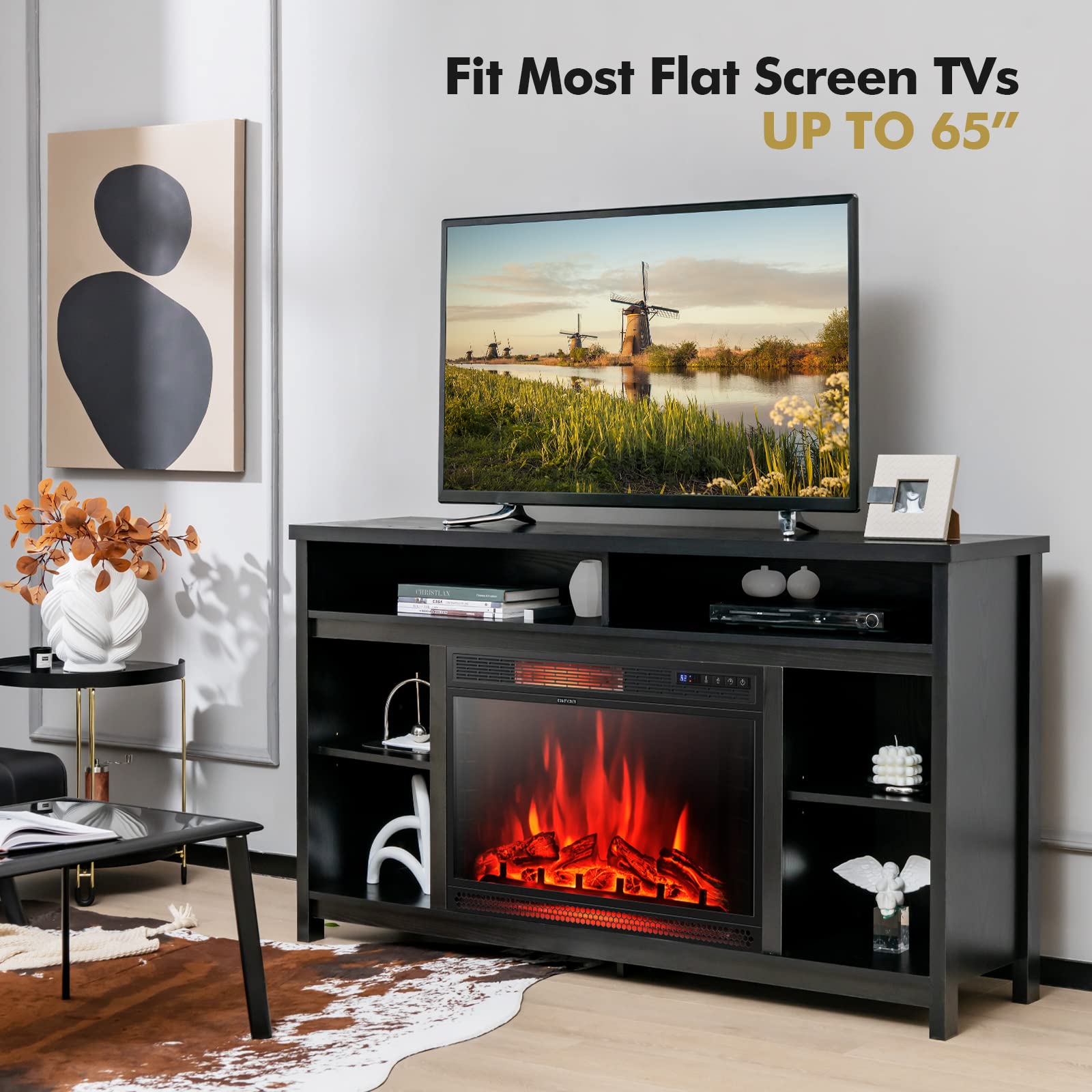 Tangkula 58 Inches Fireplace TV Stand for TVs up to 65 Inches, Modern Entertainment Center w/ 28 Inches Fireplace Insert, Remote Control, Electric Fireplace TV Console Table (Black)