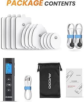 AVCOO 30 Modes Dual Channel TENS EMS Unit Compact Muscle Stimulator for Pain Relief Therapy, Ultra Portable Electronic Pulse Massager with 12 Pads, Dust-Proof Storage Bag, Fastening Cable Ties