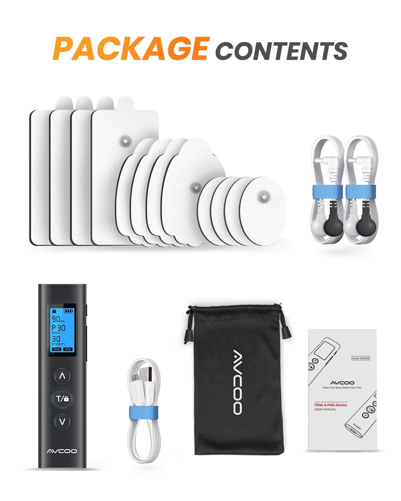 AVCOO 30 Modes Dual Channel TENS EMS Unit Compact Muscle Stimulator for Pain Relief Therapy, Ultra Portable Electronic Pulse Massager with 12 Pads, Dust-Proof Storage Bag, Fastening Cable Ties