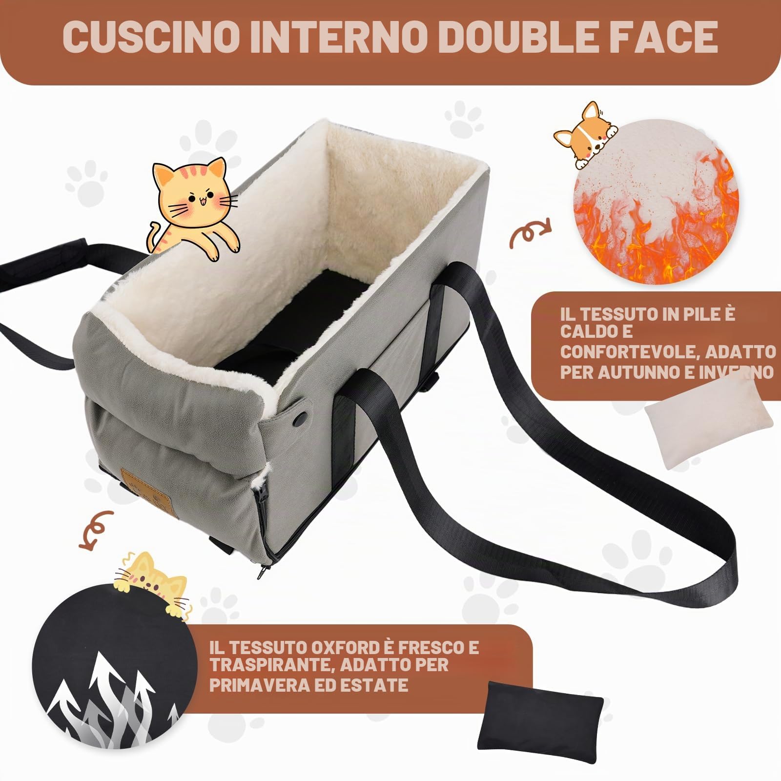 Seggiolino Auto per Cani, Seggiolino Auto per Animali Domestici con Fibbie in Nylon, Piccola Taglia Pet Car Booster Seat Staccabile e Lavabile, Console Centrale Cani e Gatti Domestico Fino a 5,9 kg