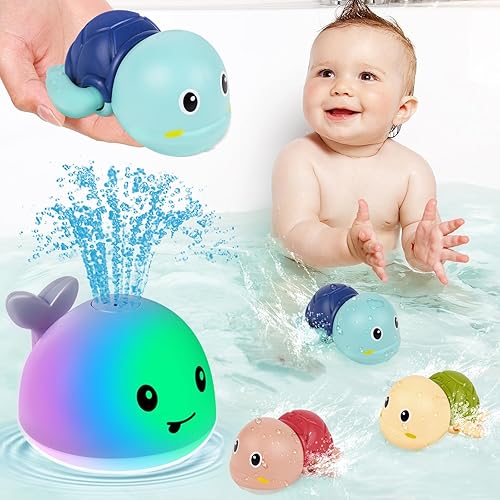 Gigilli Juego de juguetes de baño para bebé, juguete de baño de ballena con 3 juguetes de baño de tortugas de natación, juguetes de baño para niños