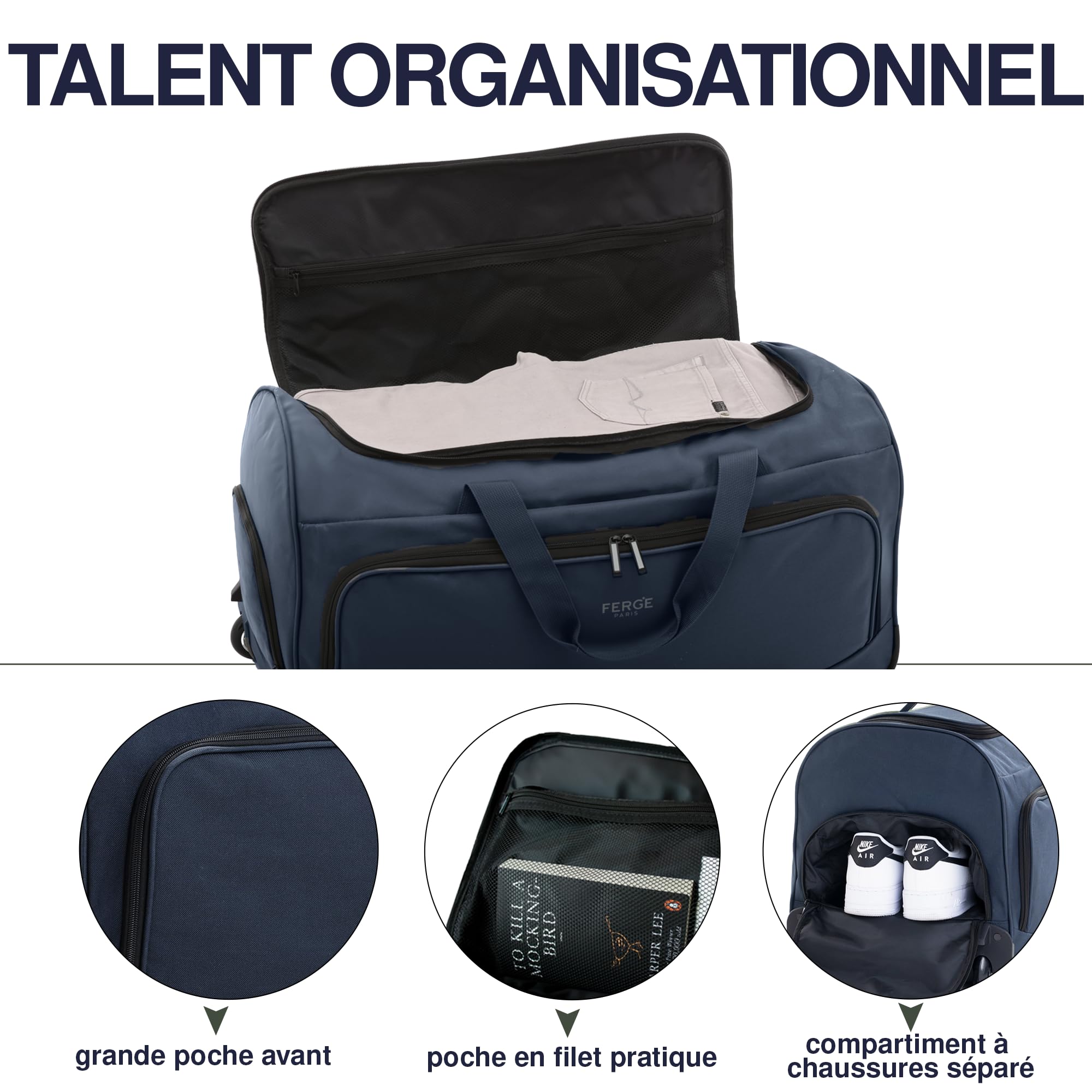 FERGÉ Sac de Voyage à roulettes Paris | Compartiment séparé pour Chaussures Bagage Souple Trolley Sac de Voyage 90 litres, Marine