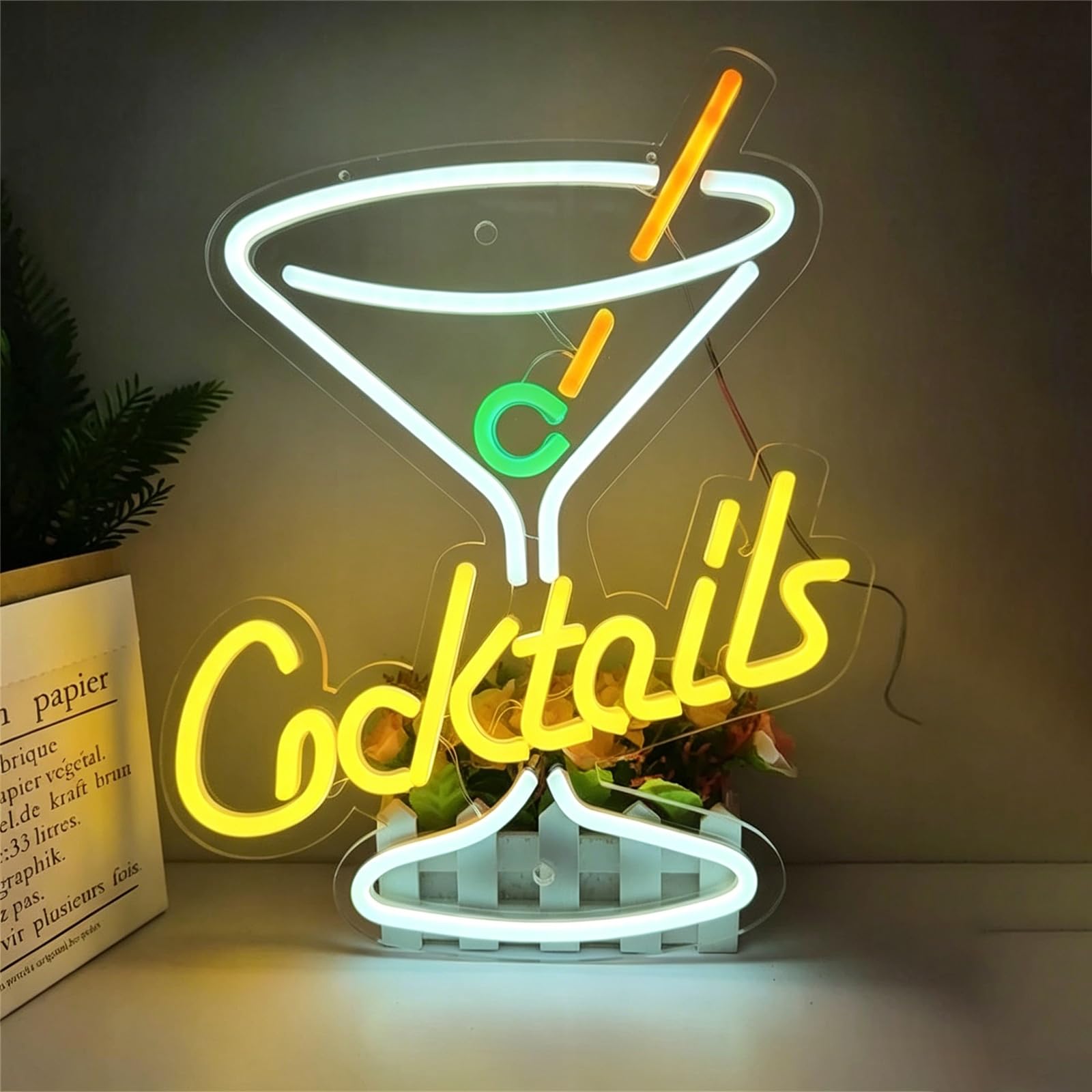 KEYQEEN Cocktails Neon Sign for Wall Decor, Bar Club Shop Signs Dimmable USB LED Man Cave Party Neon Lights,Yellow,50x38cm