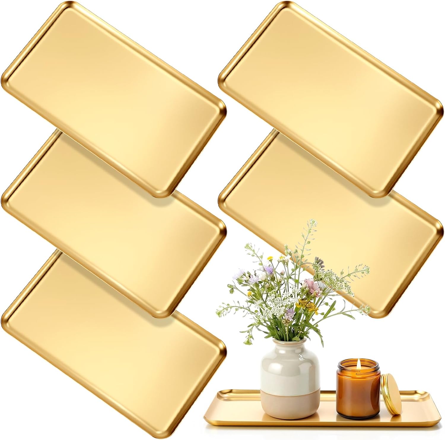 6 Pack Gold Stainless Steel Serving Platters 10.4" Rectangle Serving Tray Decorative Vanity Organizer Tray for Dining BBQ Wedding Party Buffet Appetizer Bathroom Supplies