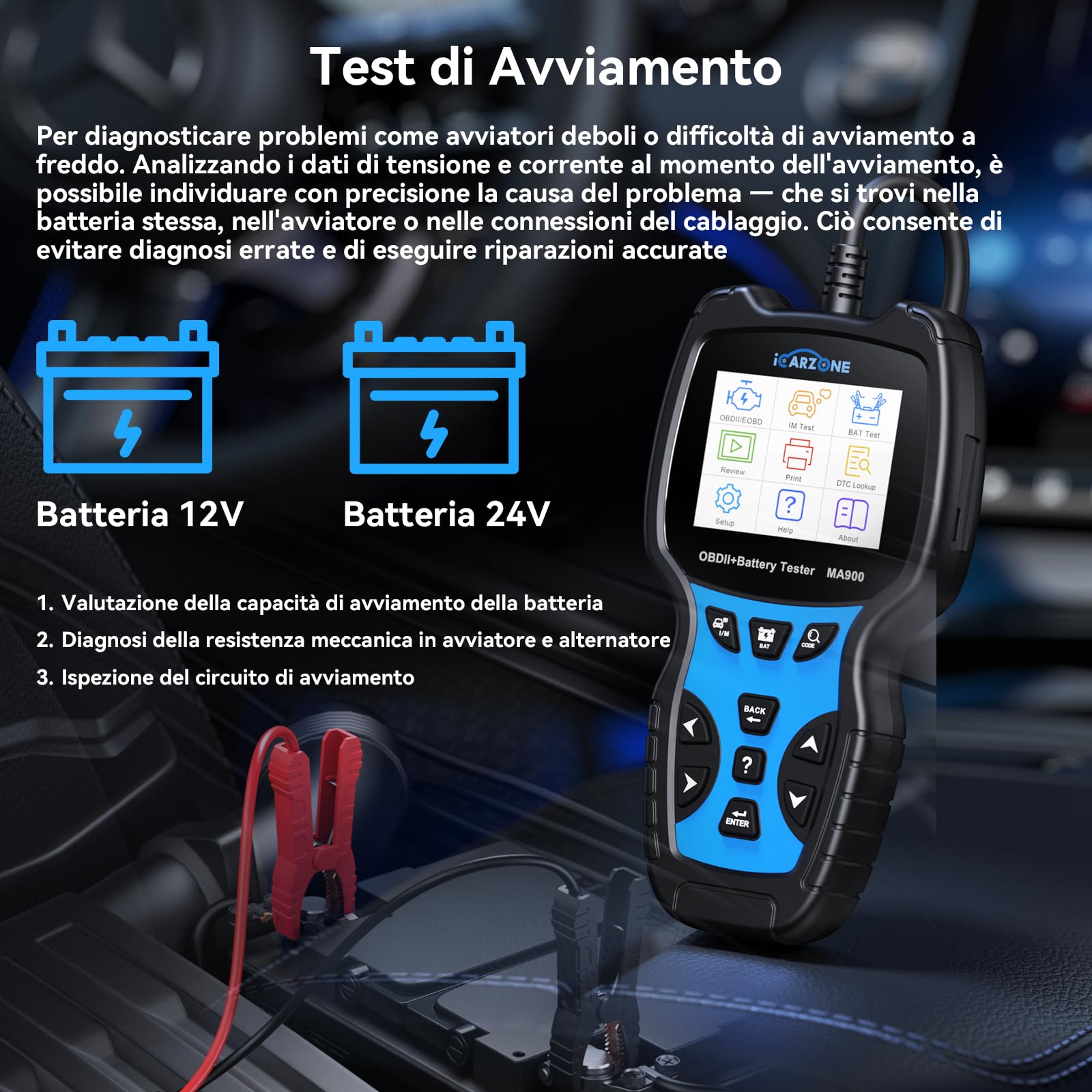 MA900 Tester Batteria Auto + Scanner OBD2 -Test di Scarica, Test di Avviamento, Test di Carica, Lettura OBFCM, Leggere/Cancellare Codici, Dati in Tempo Reale, per Auto/Motocicletta-12V/24V
