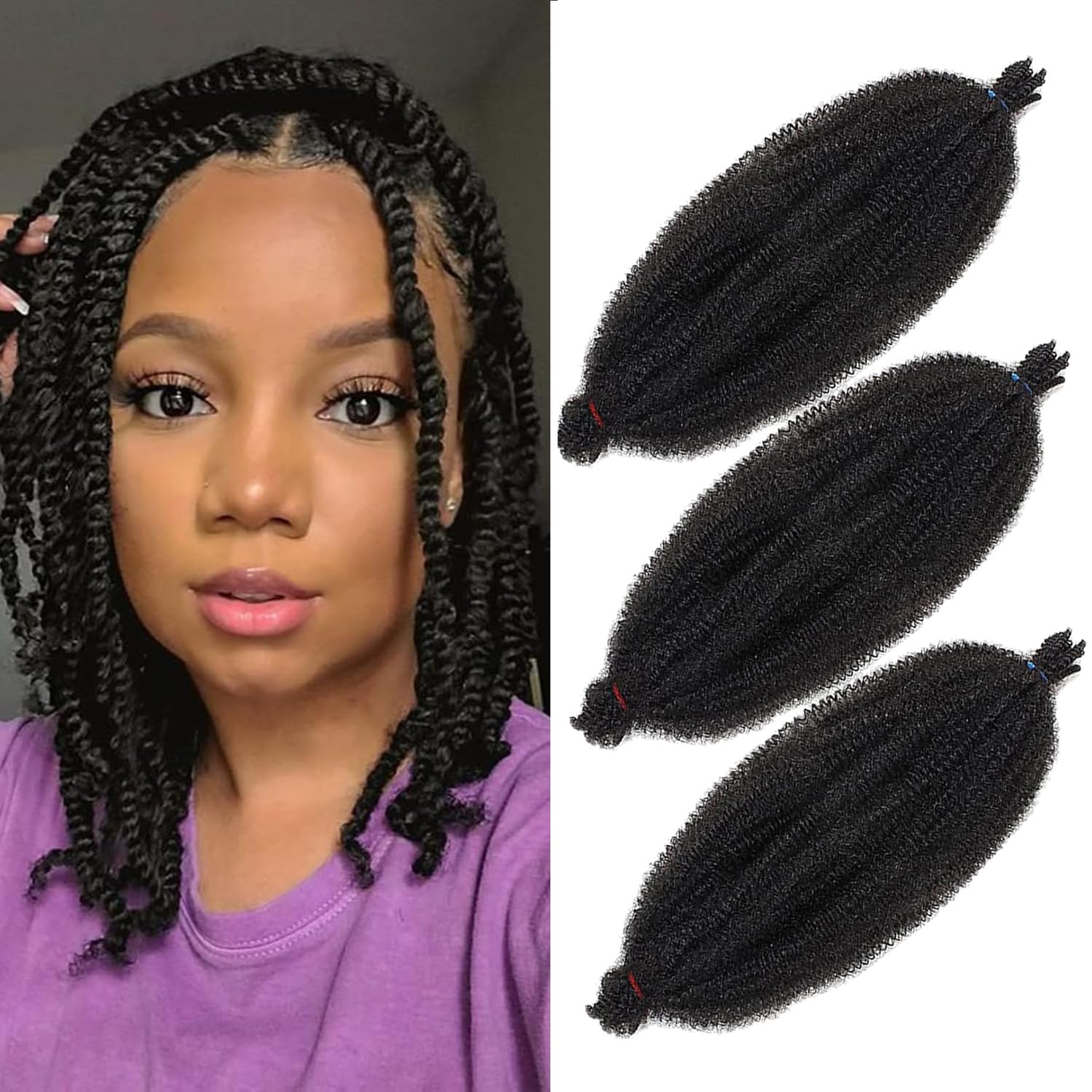 Mscat 10 Inch Pre-Separated Springy Afro Twist Hair 3 Packs Marley Twist Crochet Braiding Synthetic Hair Extensions (8 Strands/Pack,1B#)