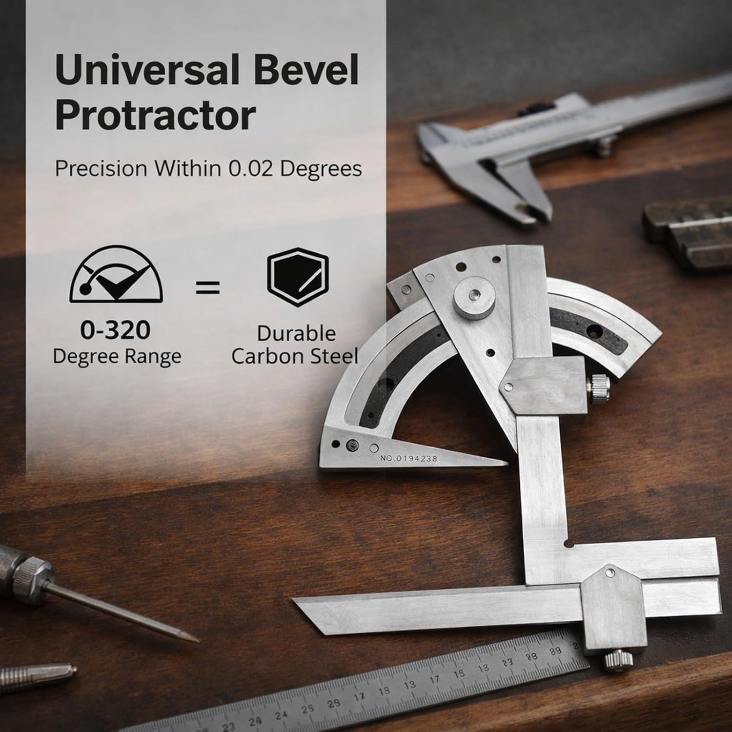 Bevel Protractor Angle Measuring Tool, 0-320° Precision Ruler - 0.02°, Carbon Steel Construction, Digital Protractor Angle Finder Tool