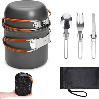 Camping Cookware Set, Aluminium Camping Pot, Outdoor Cookware with Foldable Cutlery, Camping Tableware for 2 People, Camping Tableware for Hiking, Fishing, Picnic, FDA Certified (Orange)