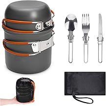 Camping Cookware Set, Aluminium Camping Pot, Outdoor Cookware with Foldable Cutlery, Camping Tableware for 2 People, Camping Tableware for Hiking, Fishing, Picnic, FDA Certified (Orange)