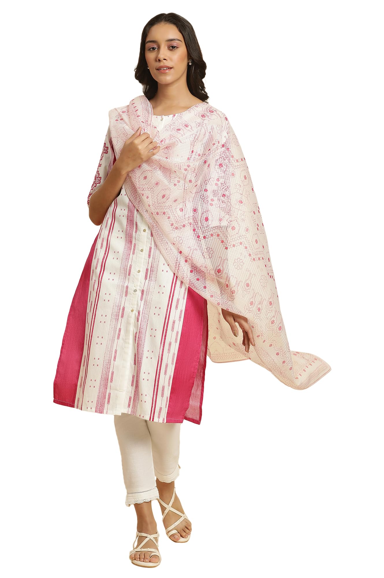 w for woman White Kota Dupatta In Pink Print, Free Size-picture-37