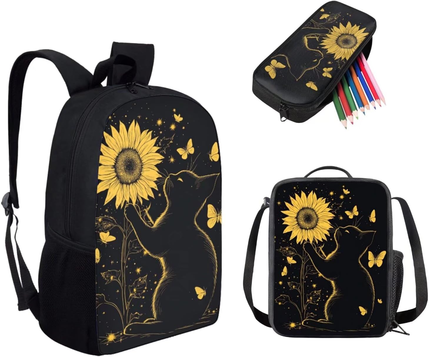 FKELYI Cute Cat Kid's Backpack for School Study Travel Sunflwer Butterfly Teens Schoolbag for Boys Ages 8-12 Lightweight Book Bag with Lunch Bag and Pencil Box 3 Pack Set