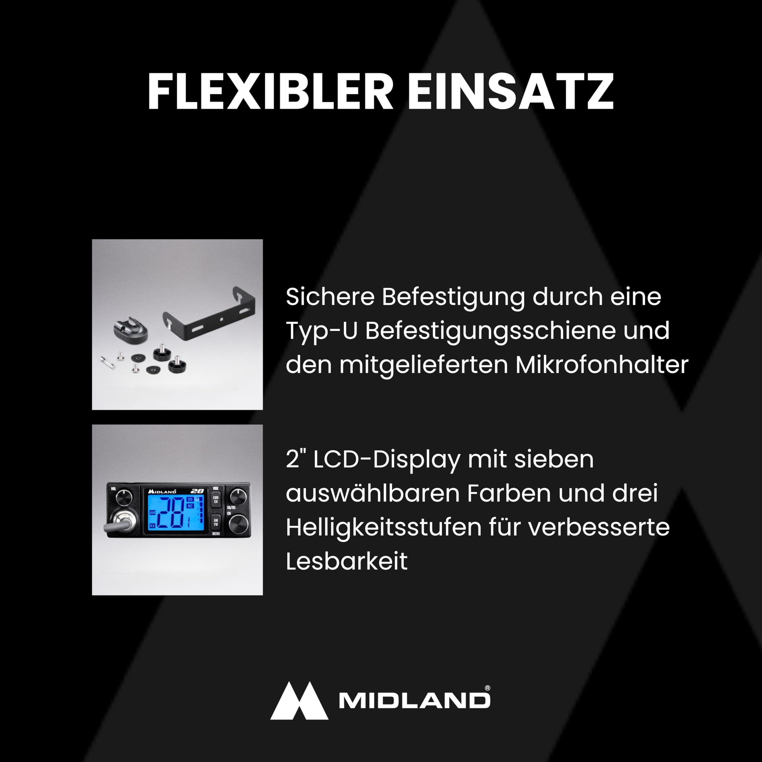 Midland 28 CB-Funkgerät mit 2" LCD-Display, VOX Freisprechfunktion, Noise-Canceling, 12/24V, Multistandard, RF-Verstärkung, für Auto und LKW, schwarz