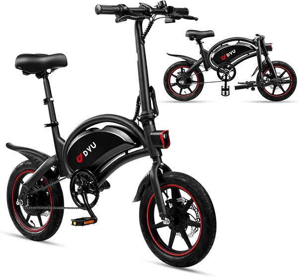 DYU Electric Bike for Adults Teens, D3F 14 in Folding Electric Bicycle,Commuter City E-Bike with 250W Motor and 36V 10AH Lithium-Ion Battery,40-45 Miles Travel Range Black