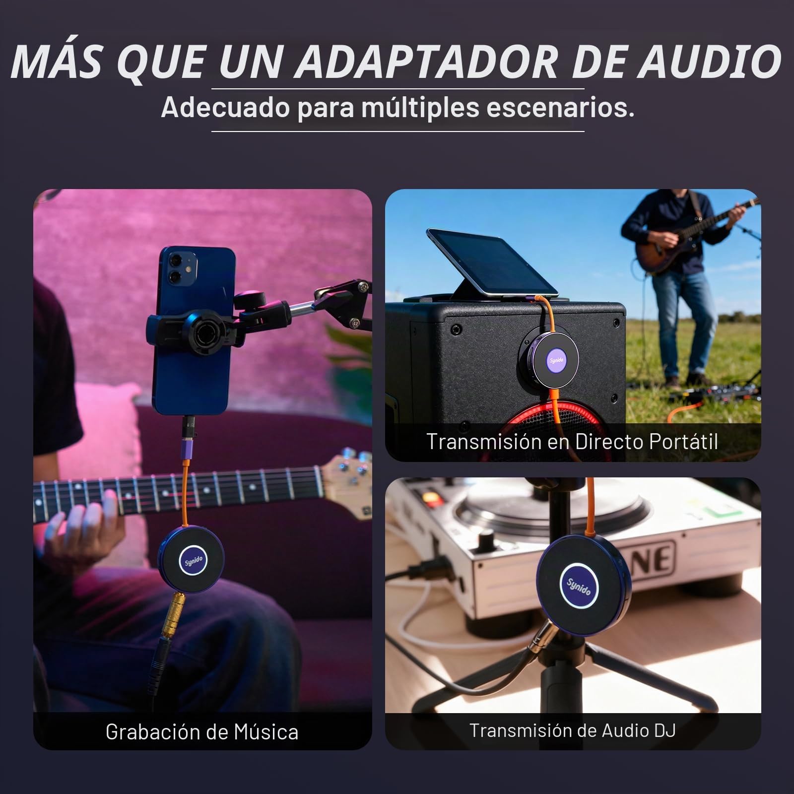 Synido Interfaz de audio portátil para guitarra con USB-C 24 bits, mini interfaz 48 kHz para grabar y transmitir música con entrada de instrumento y monitoreo de auriculares
