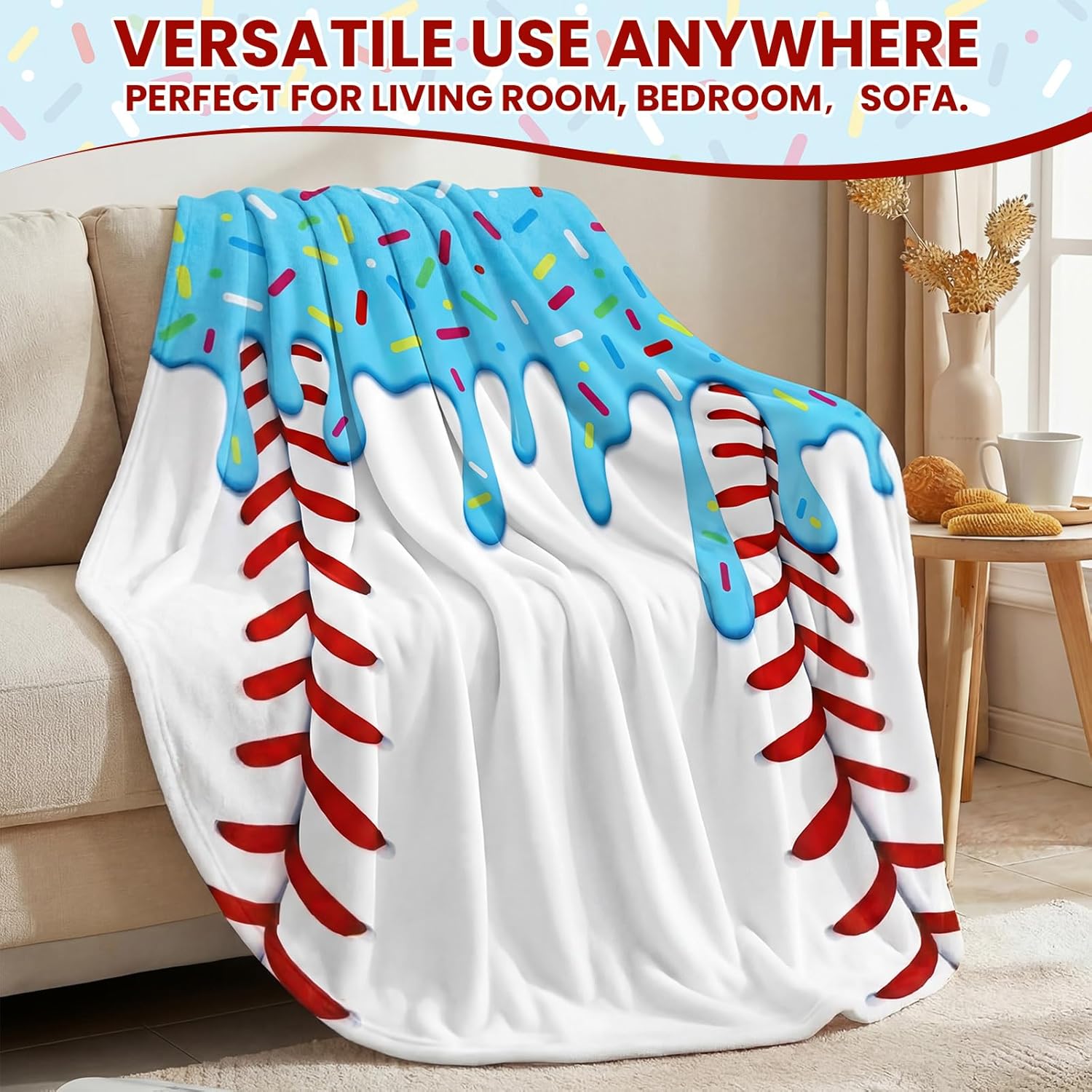 Tigeen 1 Pcs 60" Round Ice Cream Baseball Blanket for Teens Boys Girls Adults Soft Flannel Baseball Ice Cream Drip Stuff Throw for Couch Bed Dorm Room Decor Player Team Senior Night Gifts (Blue)