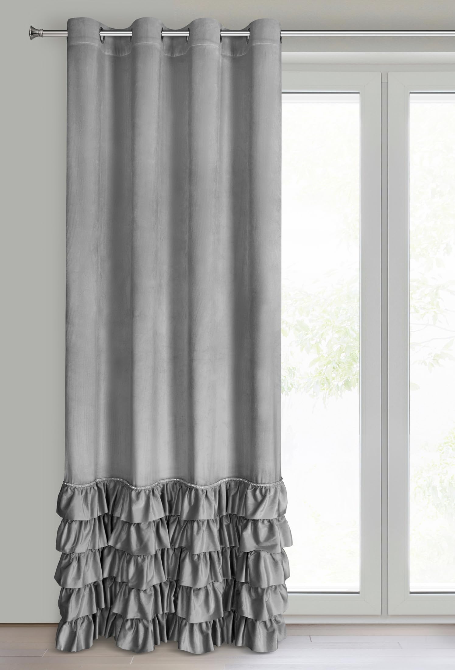 Eurofirany CARLI Velvet Curtain with Ruffles, Velvet Curtain with Eyelets, 1 Piece, Opaque, Blackout, Exclusive Curtain for Living Room, Bedroom, 140 x 250 cm, Grey