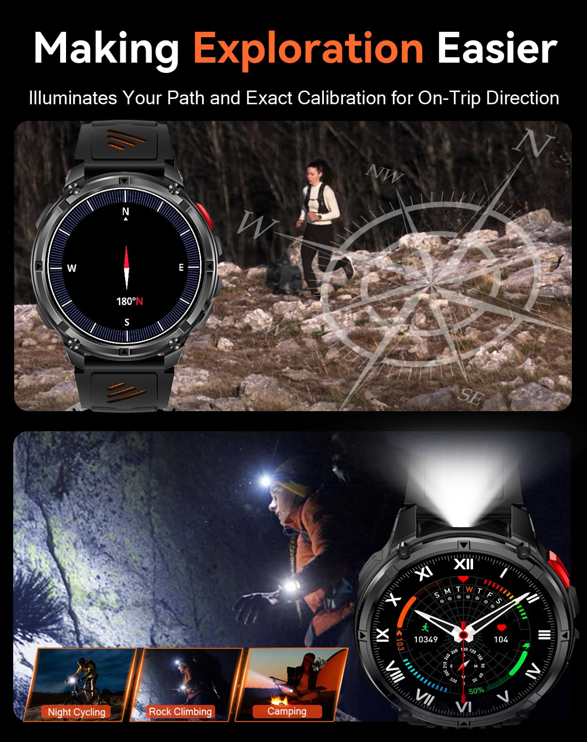Reloj Inteligente Hombre, 1100mAh Smartwatch Hombre Militar con Llamadas, Linterna LED y Brújula, 1.7" AMOLED, IP68 Impermeable Monitorización del Sueño y SpO2, 100+ Deportes Modos para Android iOS