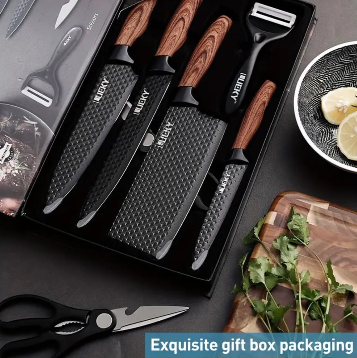 6-Piece Kitchen Knife Set with Chef Knife, Paring Knife, Wooden Handles