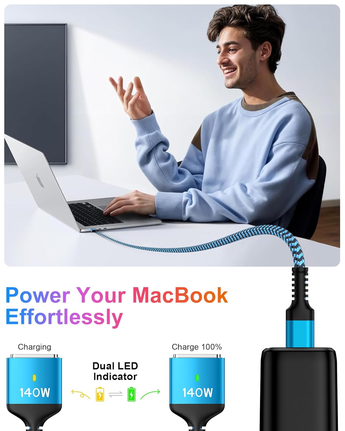 USB-C to Magnetic 3 Cable 6 Feet, 140W Fast MacBook Air Charger Cord Apple MagSafe 3 Cable for MacBook Air 15''/13'' M4 2025, M3 2024, M2 2023, M2 2022, Mac Book Pro 16"/14" M4... - Image 2