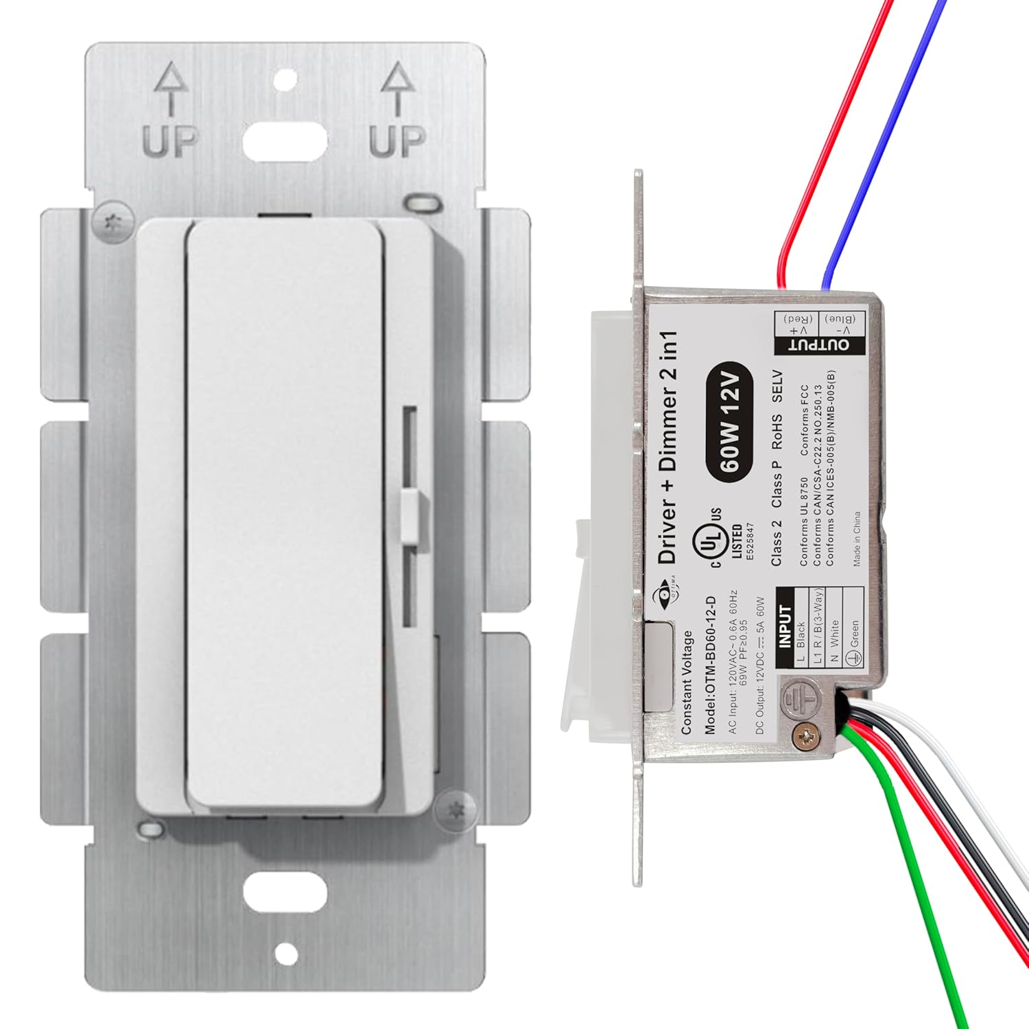 Dimmer Light Switch & 60W 12V Dimmable LED Driver 2 in 1, Flicker-Free Dimming for LED Strip Lights, 3-Way Switch Compatible, 120VAC to 12VDC Power Supply for Low Voltage Projects, UL Listed, Class 2