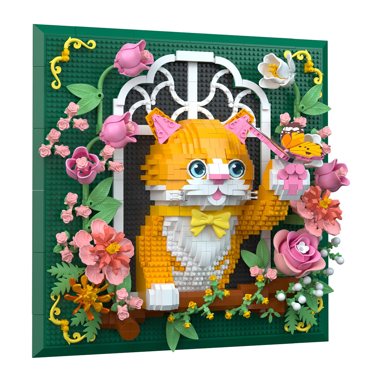 VZO Flower Orange Cat 3D Wall Art with Butterfly Animal Micro Building Set,3D Animals Wall Art Painting Home &Table Decoration Gift for Girls 14+(2011PCS)