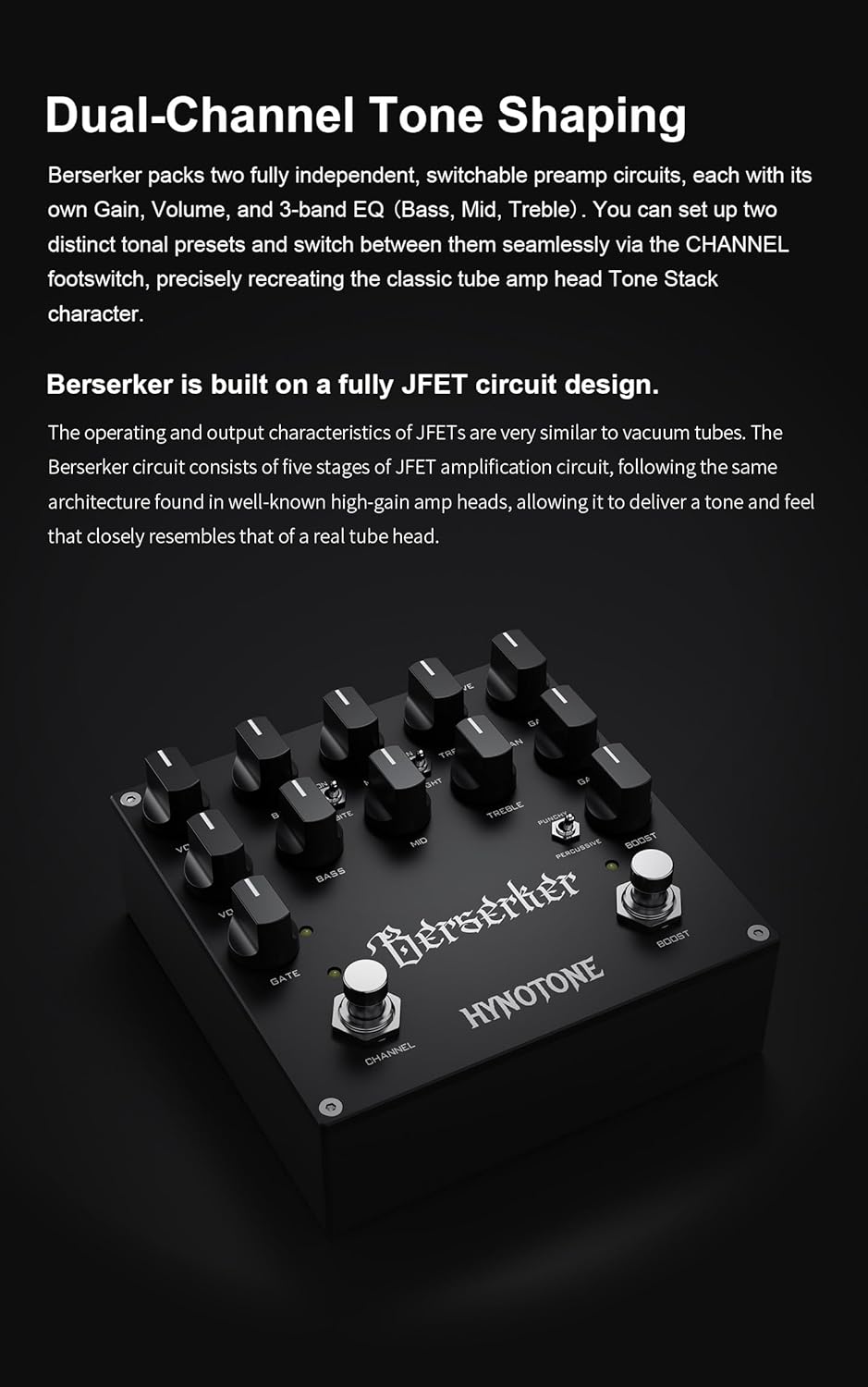 TOPPING HYNOTONE Berserker Dual-Channel Guitar Preamp Pedal – JFET Tube-Style Clean & Distortion, Built-In Noise Gate, Punchy & Percussive Metal Tones