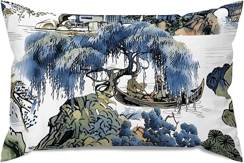 Vista 291 de ArogGeld Chinoiserie - Fundas de almohada escénicas asiáticas, estilo asiático, funda de almohada azul y verde Kelly, funda de cojín para decoración