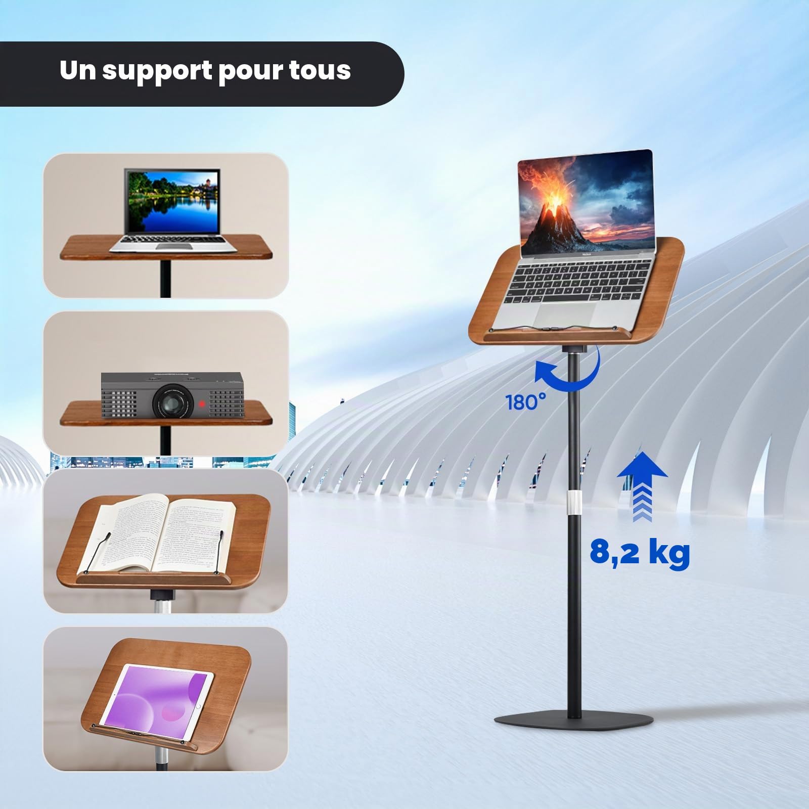 Support de Livre Réglable 50-130cm avec Plateau Multifonction,Support Livre pour Livre, Ordinateur Portable, Projecteur, recettes,Stable et Antidérapant