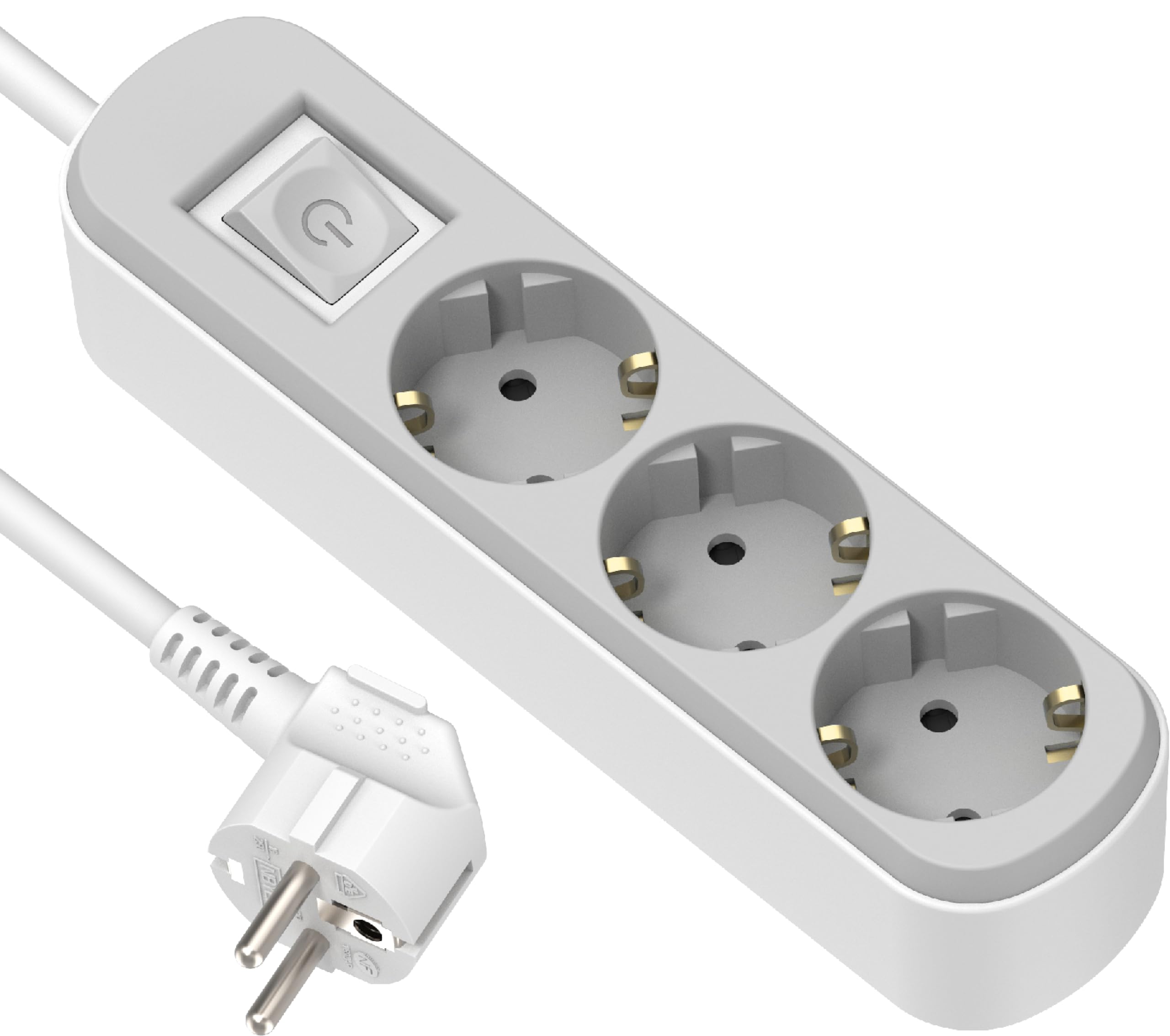 Electraline 62420 Ciabatta Base Multipla Prima 3 Prese Schuko 16A con Interruttore, Colore Bianco/Grigio, Cavo 1.5M