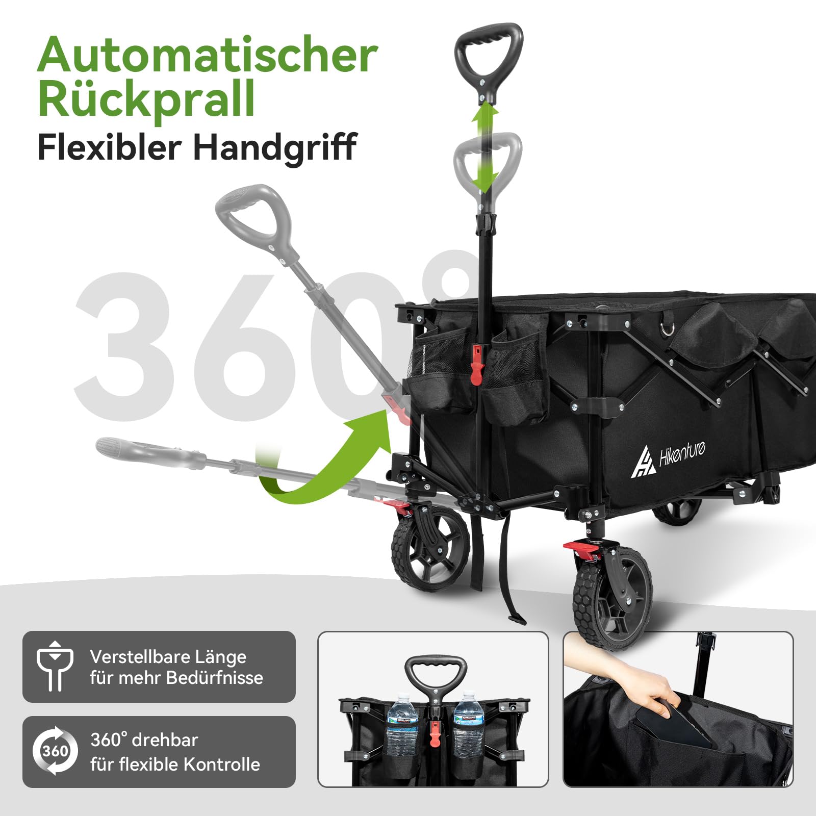 HIKENTURE Bollerwagen Faltbar 135L - Faltbarer Bollerwagen 150KG belastbar - Klappbarer Handwagen für Strand Camping Einkaufen - Faltbollerwagen
