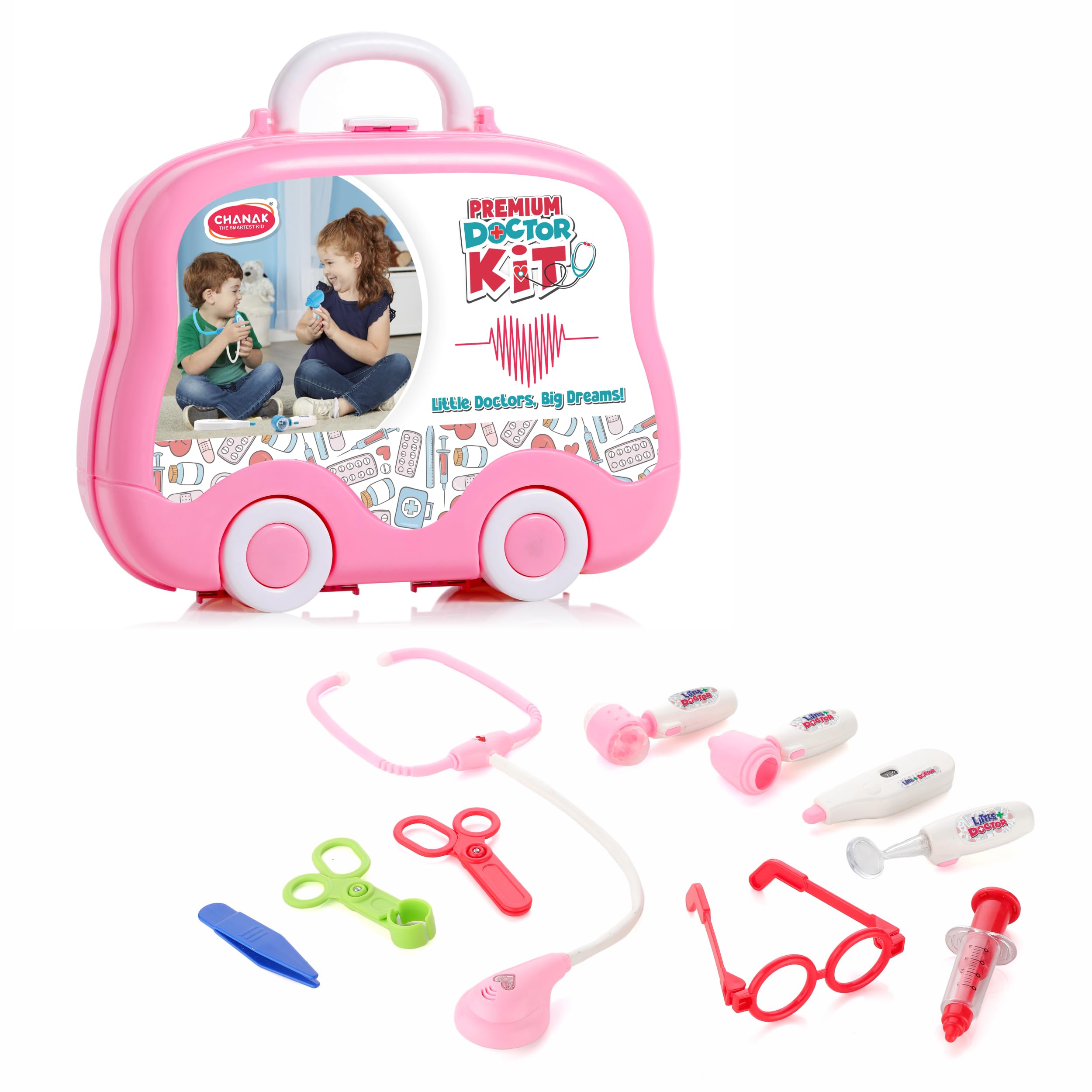 Chanak Premium Doctor Set Suitcase for Kids, LED Light Instruments, Pretend Play Doctor Set for Kids Above 3 Years, 10 Piece Doctor Kit for Boys & Girls, BIS Approved. (Pink Suitcase)-image-18
